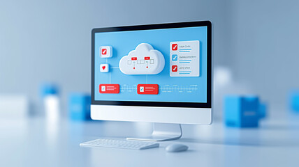 Minimalist office setting, computer monitor displaying cloud computing dashboard. Clean, modern environment highlights advanced technology, data management, efficient software solutions.