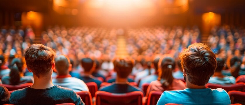 Orientation day at a prestigious school, parents and students receiving information packets in a large auditorium
