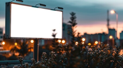 A blank billboard in the city with a beautiful sunset in the background