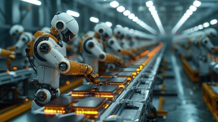 Robots working on an assembly line in a high-tech factory, showcasing automation, technology, and futuristic manufacturing methods.