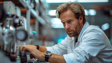 Scientist focused on research in a modern laboratory, wearing a lab coat, surrounded by advanced equipment, signifying innovation and technology.
