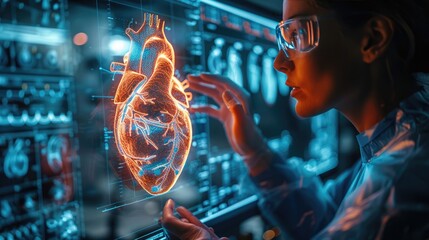 Scientist analyzing digital 3D heart model on interactive screen, showcasing cutting-edge medical technology and innovation in healthcare.