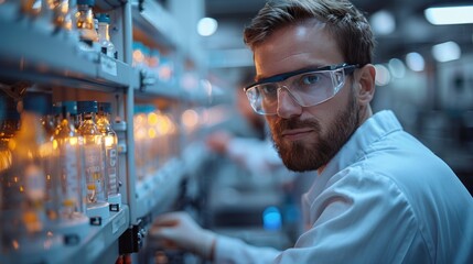 Scientist in a modern chemistry lab examining samples in test tubes, focused on research and development.