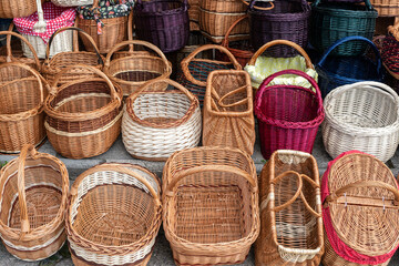 Many Wicker Baskets on Handicraft Market, New Wickerwork, Hand Made Basket, Bamboo Containers