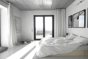 Minimalist bedroom design focusing on white decor and black accents. Clean lines and simple furniture to enhance the minimalist look. Pictures and accessories are framed in black for contrast.