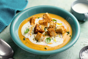 Pumpkin mashed soup with croutons