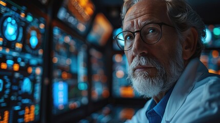 Senior scientist analyzing complex data on multiple monitors in a high-tech control room filled with illuminated screens and advanced technology.