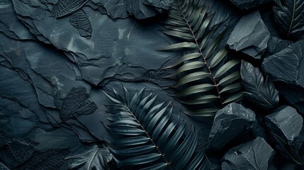 Fototapeta premium Dark Green Leaves on a Black Slate Background, flat lay , foliage , nature , texture