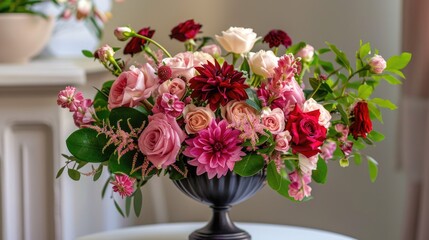 Fototapeta premium Completed vase flower arrangement for home decor. Floral bouquet for interior design. Fresh flowers for home decoration. European floral store. Fresh flower delivery.
