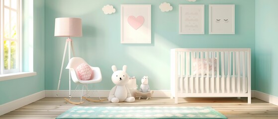 A new nursery room with fresh decor and toys, soft pastel colors, photorealistic style, capturing the warmth and freshness of a new beginning