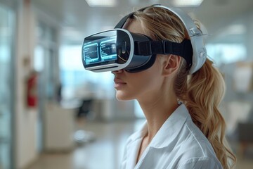 Young woman wearing virtual reality headset in modern lab. Concept of futuristic medical technology, innovation, and immersive experience.