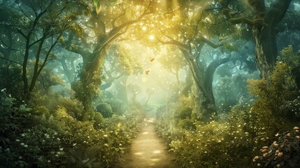 Obraz premium Enchanted Forest Path with Glowing Lights, Digital Painting, Lush Green Trees, Magical Pathway, Fantasy Landscape, Forest, Nature, Magical, Digital Art, Artwork