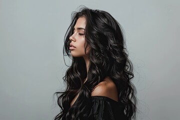 Lush, wavy hair cascading elegantly, with a clear, minimalist background providing ample copyspace, emphasizing the natural beauty and movement of the hair,