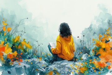 An individual sits in a peaceful field reading a book amidst vibrant wildflowers and a dreamy fog, representing knowledge, serenity, and connection with nature.
