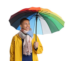 Young man with rainbow umbrella on white background