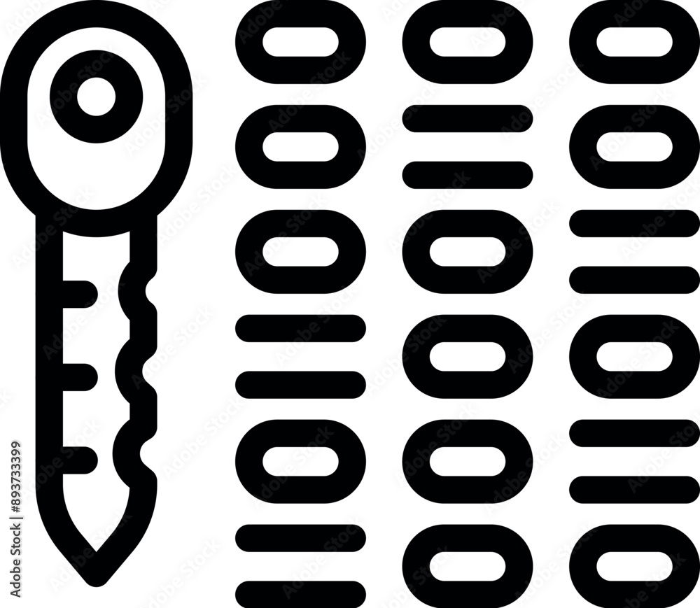 Poster line art icon of a key unlocking binary code, representing cybersecurity and encryption