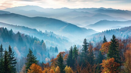 Obraz premium Misty Mountain Landscape with Autumn Colors, Landscape , Autumn , Mountain , Nature