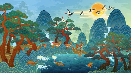 Oriental painting, 10 longevity symbols, Korean traditional folk painting illustrations Sea, mountains, water, stones, clouds, pine trees, herb of elixir, turtle, crane, deer 동양화, 십장생도, 한국 전통 민화 일러스트 