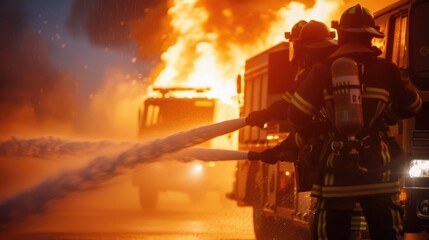 Firefighters extinguish the flames, providing relief in an immediate response, close up, fire control, dynamic, silhouette, fire truck