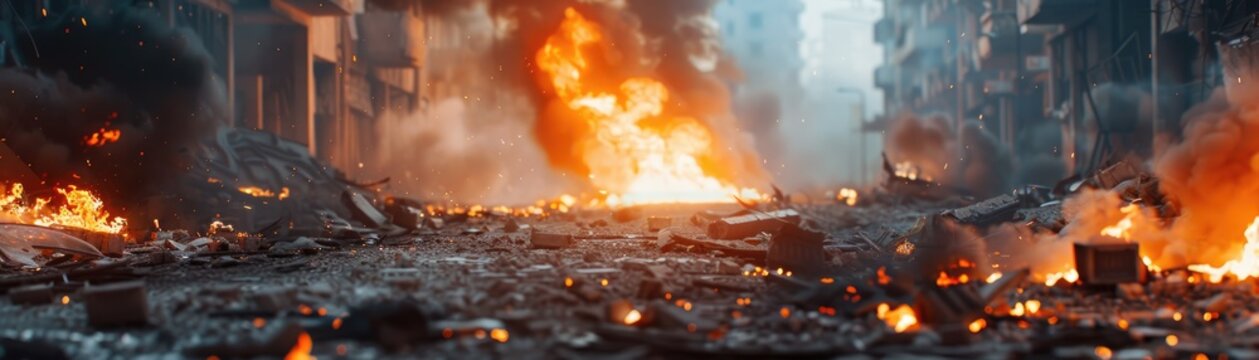 Combustion occurring while recovery operations take place amidst danger, copy space, disaster recovery, realistic, blend mode, devastated area
