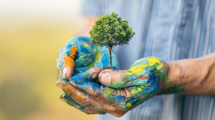 Creative and Colorful Hands Nurturing a Tiny Tree: Environmental Art and Sustainability