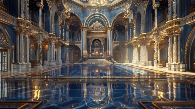 Reflected Majesty Gilded Hall Interior with Water Reflections, Digital Art, Palace, Architecture, Water, Interior, Gold, Blue, 3D, Fantasy