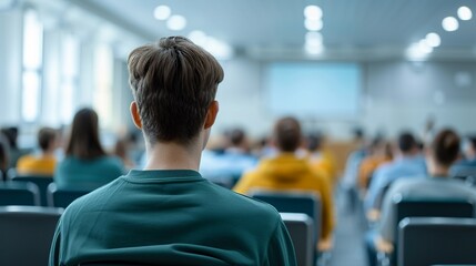 Students attending the inaugural lecture in a modern academic building, photorealistic, bright lecture hall, detailed seating and presentation, scholarly and inspiring environment
