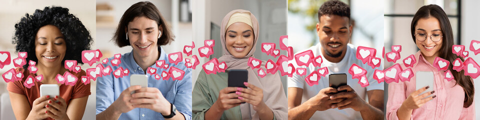 This image features a diverse group of five individuals, each looking at a smartphone in their...