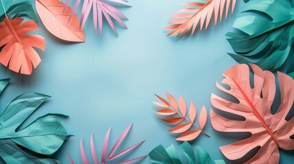Naklejka premium A composition of paper tropical leaves on a blue background