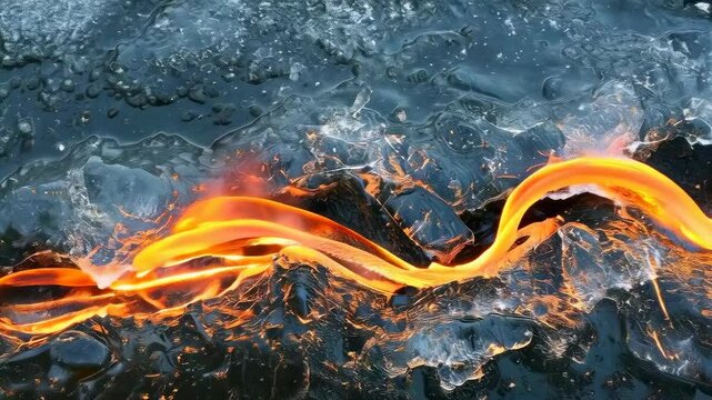 A stripe of fire burns brightly against a backdrop of dark frozen ice. The contrasting elements of fire and ice create a vivid and dramatic visual. The setting appears to be in the late evening,