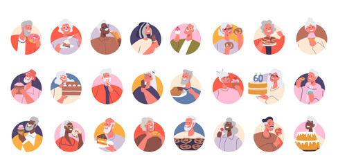 Obraz premium Isolated Vector Round Icons Or Avatars Of Diverse Elderly Characters Enjoying Assorted Sweets Desserts And Treats