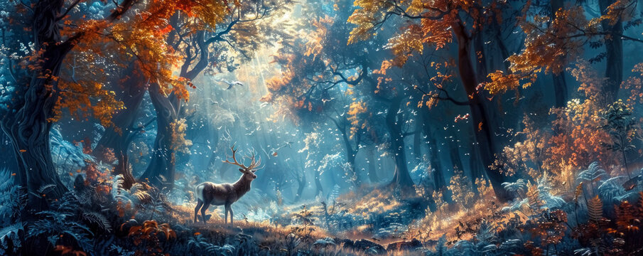 A mystical forest scene where a glowing deer with ethereal antlers grazes among glowing mushrooms and flickering fireflies. Enchanted trees with twisting branches and sparkling leaves.