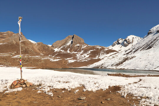 The Ice Lake, Kicho Tal, Khicho Ice Lake on a sunny day, close to Manang, Annapurna Circuit Trek, Nepal