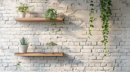 White Brick Wall with Wooden Shelves and Greenery, plant, wall decor, interior design, home decor