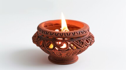 Classic clay Diya lamp with detailed carvings isolated on white background