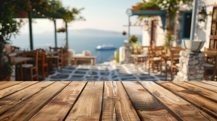 Fototapeta premium Wooden Tabletop with Blurred Mediterranean Cafe Background