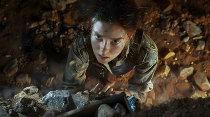 Determined Female Explorer Navigating Treacherous Cave Terrain