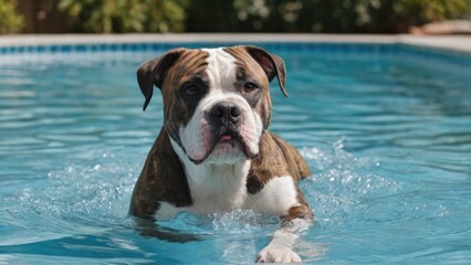 White and brindle american bulldog in the swimming pool
