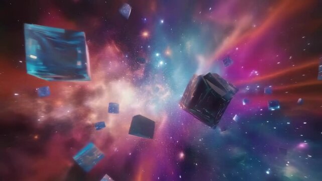 Floating translucent cubes drift through a vivid nebula with brilliant star clusters in the background. The vibrant color mix of red and blue creates a mesmerizing cosmic scene.