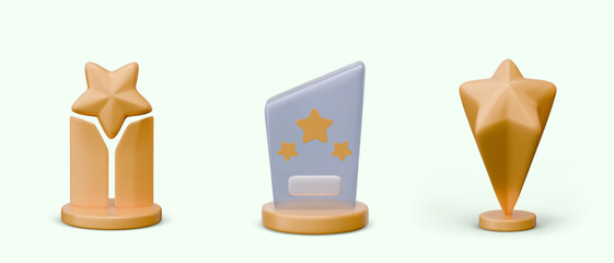 Set of trophies with gold stars. Realistic shiny figurines on stands. Vector abstract templates