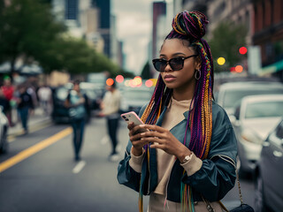 Obraz premium Mujer joven con vibrantes trenzas multicolores parada con confianza en la calle de una ciudad 