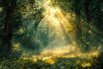 Obraz premium beautiful large, wild forest with tall trees and many ferns in the sun's rays