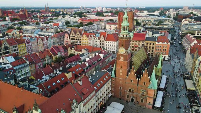 European beautiful city ancient architecture Flight over shooting from a drone Wroclaw Poland
