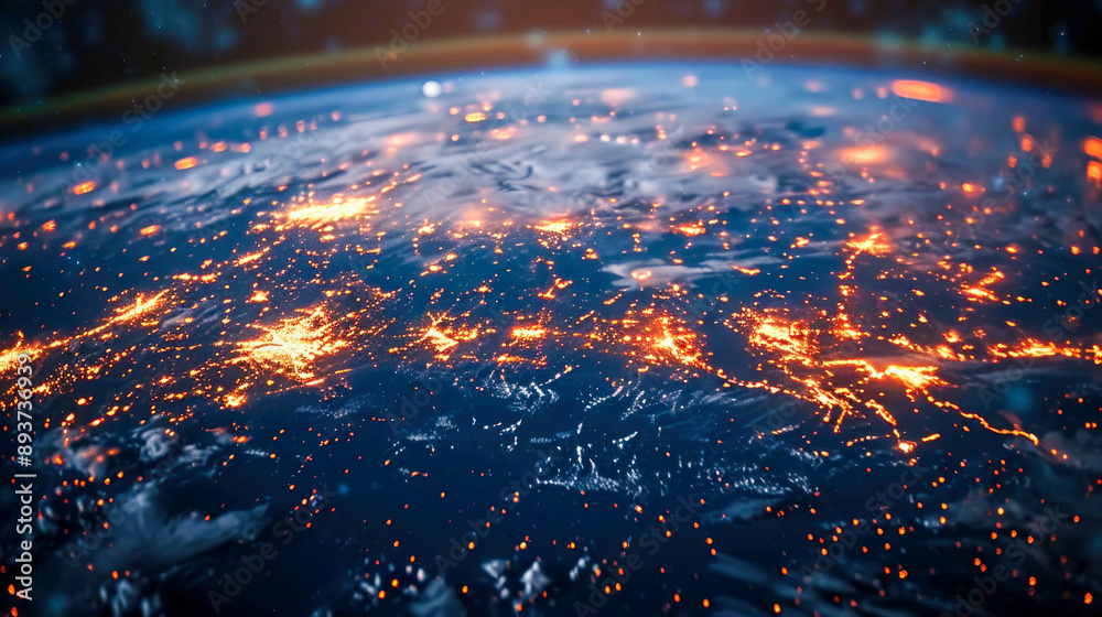 Poster a digitally rendered globe with bright, interconnected points and lines symbolizing global communica