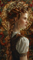 Ethereal and Ornate Fantasy Woman Portrait with Floral Headpiece and Curly Hair