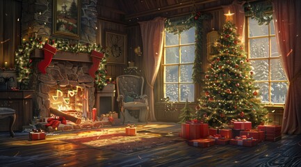 Fototapeta premium Create a cozy Christmas Eve atmosphere with a crackling fire and a beautifully decorated tree, setting the scene for a joyful winter evening. Embrace the holiday cheer in your inviting cabin