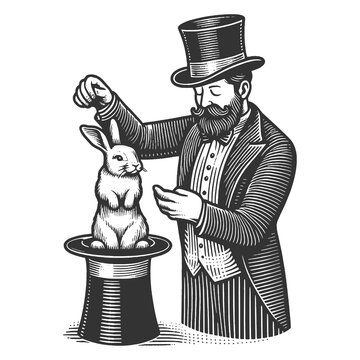 recommend clip art: vintage magician holding a rabbit and a magic wand sketch engraving generative ai fictional character raster illustration. Scratch board imitation. Black and white image.