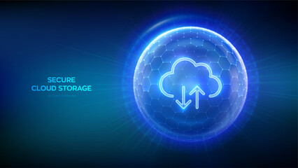Secure Cloud Storage. Cloud icon inside transparent protection sphere shield with hexagon pattern on blue background. Cloud computing. Database storage, Data center protection. Vector illustration.