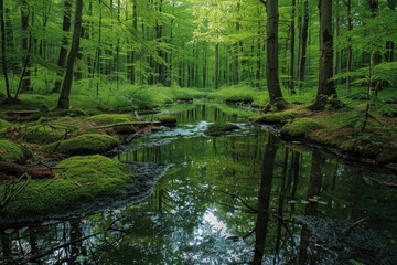 Obraz premium Charming forest landscape with a calm forest stream. Reflections of trees and sky flickering on the surface of the water. Green surroundings with moss-covered rocks and wildflowers.