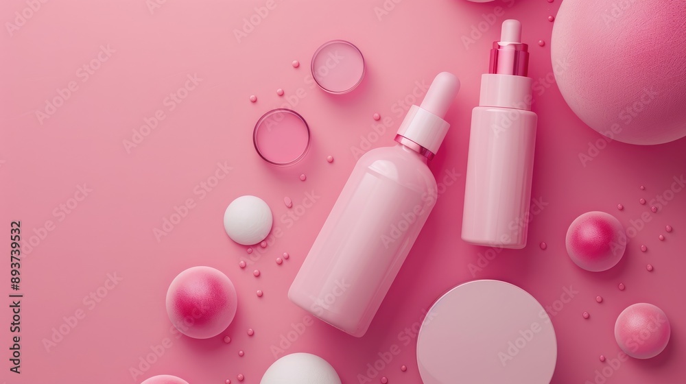 Sticker Mockup of skincare products on pink background for beauty concept